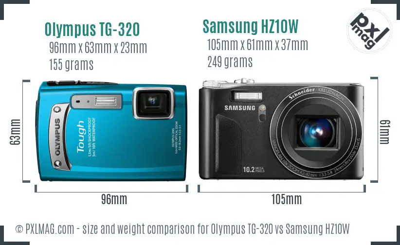 Olympus TG-320 vs Samsung HZ10W size comparison