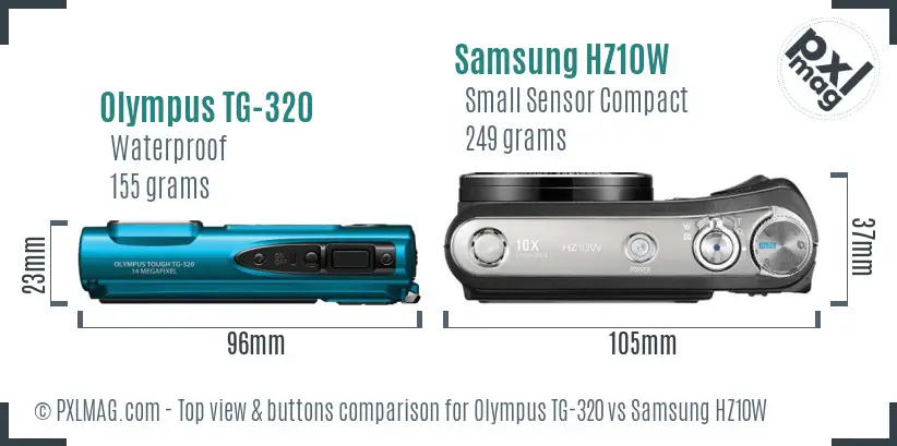 Olympus TG-320 vs Samsung HZ10W top view buttons comparison