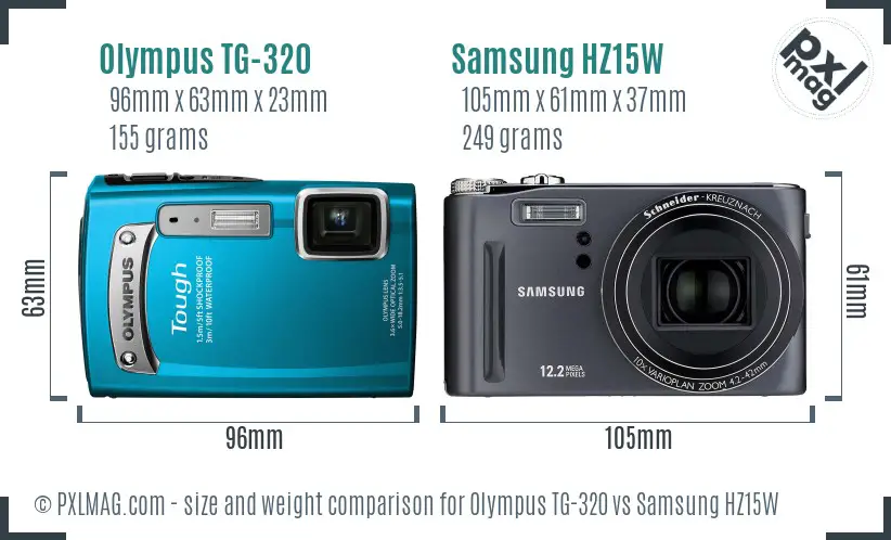 Olympus TG-320 vs Samsung HZ15W size comparison