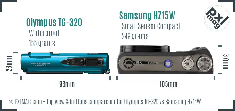 Olympus TG-320 vs Samsung HZ15W top view buttons comparison