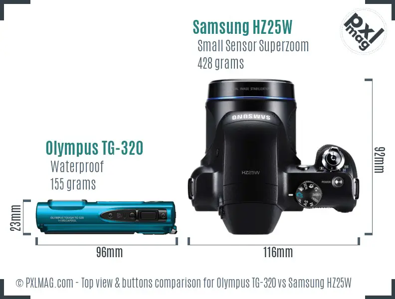 Olympus TG-320 vs Samsung HZ25W top view buttons comparison