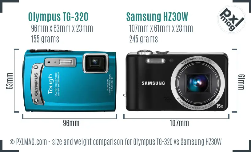 Olympus TG-320 vs Samsung HZ30W size comparison