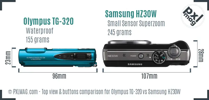 Olympus TG-320 vs Samsung HZ30W top view buttons comparison