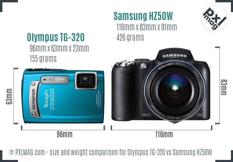 Olympus TG-320 vs Samsung HZ50W size comparison