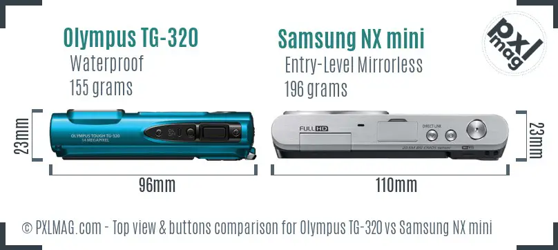 Olympus TG-320 vs Samsung NX mini top view buttons comparison Olympus TG-320 vs Samsung NX mini top view buttons comparison