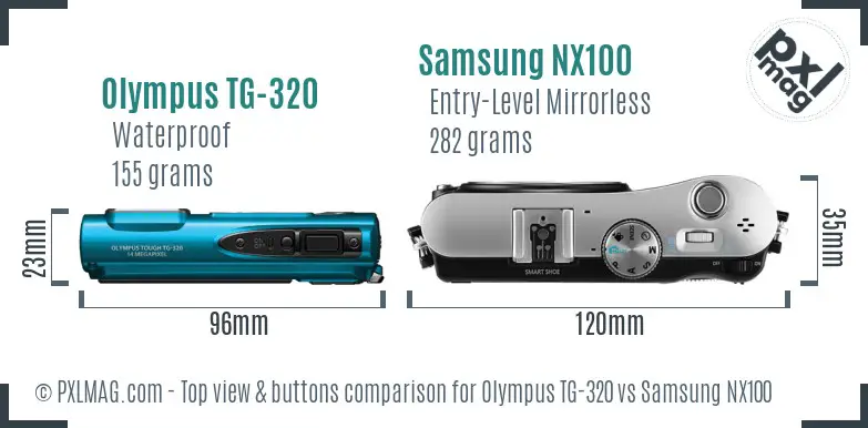 Olympus TG-320 vs Samsung NX100 top view buttons comparison