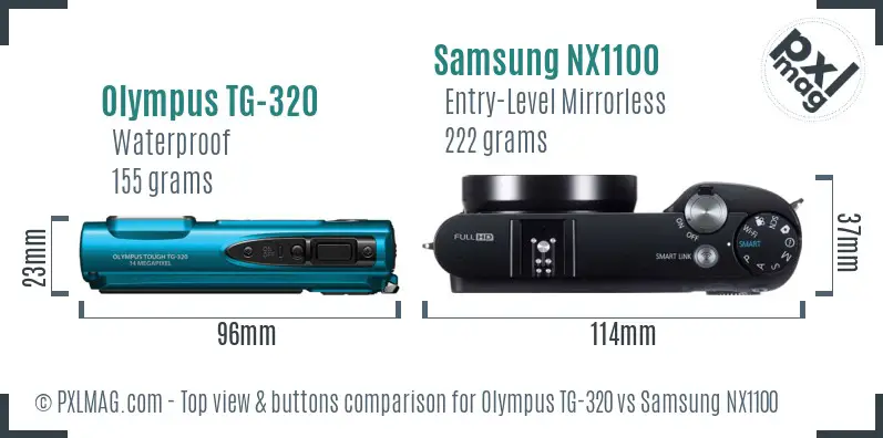 Olympus TG-320 vs Samsung NX1100 top view buttons comparison