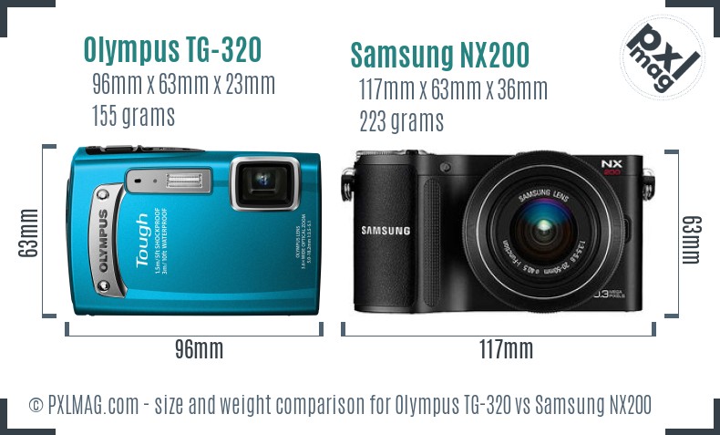 Olympus TG-320 vs Samsung NX200 size comparison Olympus TG-320 vs Samsung NX200 size comparison