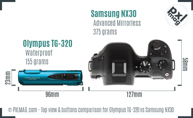 Olympus TG-320 vs Samsung NX30 top view buttons comparison Olympus TG-320 vs Samsung NX30 top view buttons comparison