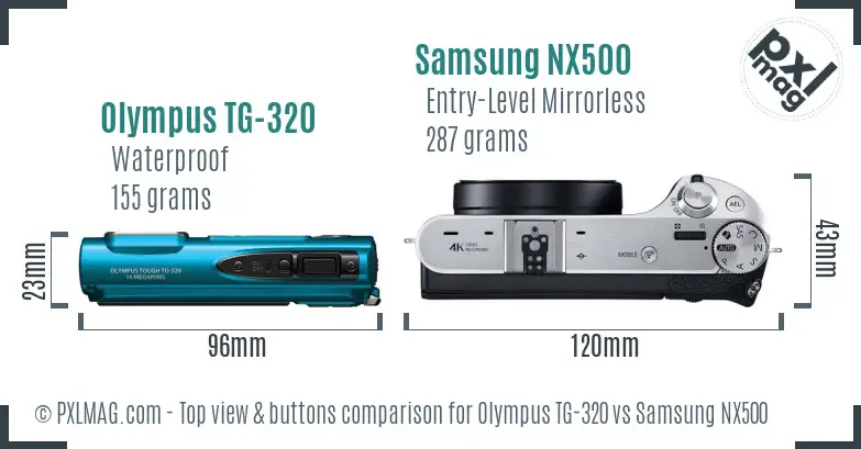 Olympus TG-320 vs Samsung NX500 top view buttons comparison