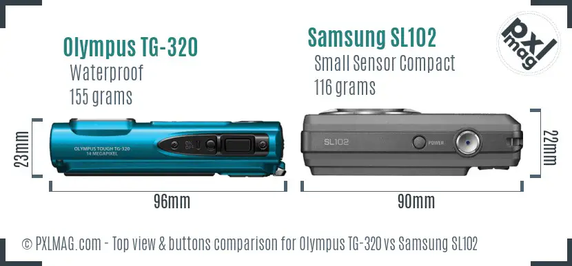 Olympus TG-320 vs Samsung SL102 top view buttons comparison