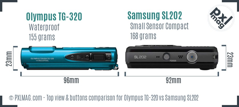 Olympus TG-320 vs Samsung SL202 top view buttons comparison
