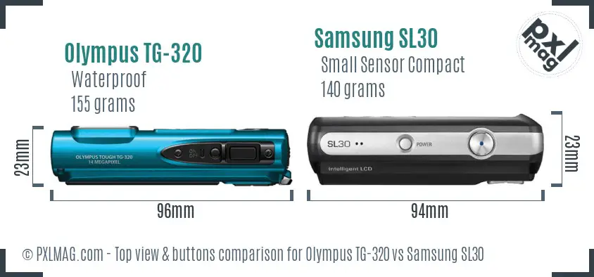 Olympus TG-320 vs Samsung SL30 top view buttons comparison