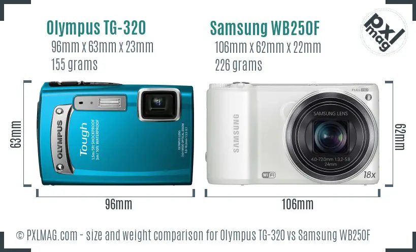Olympus TG-320 vs Samsung WB250F size comparison