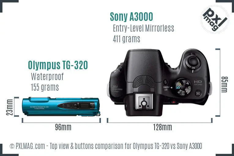 Olympus TG-320 vs Sony A3000 top view buttons comparison Olympus TG-320 vs Sony A3000 top view buttons comparison