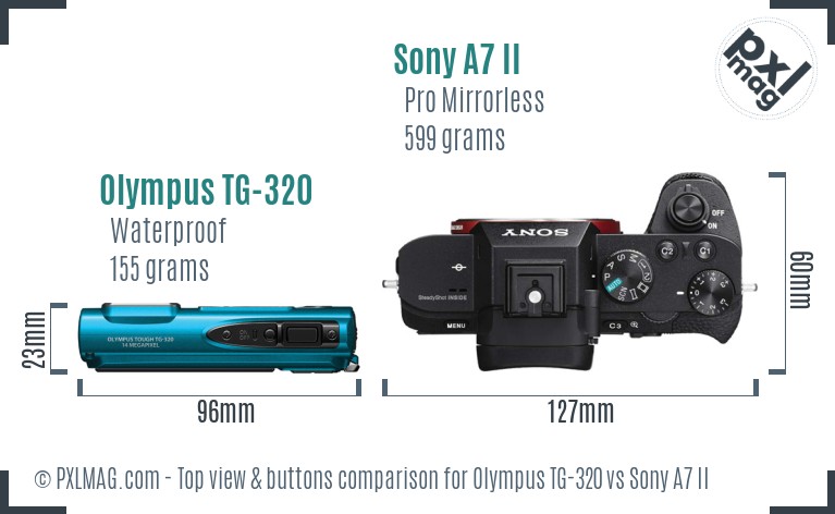 Olympus TG-320 vs Sony A7 II top view buttons comparison