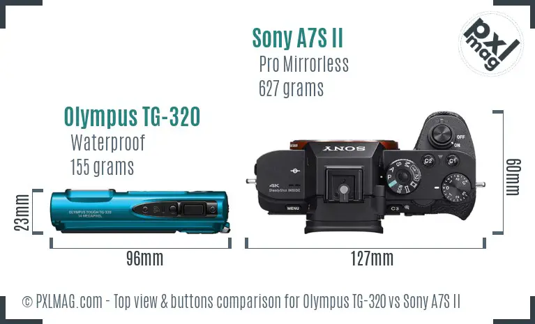 Olympus TG-320 vs Sony A7S II top view buttons comparison