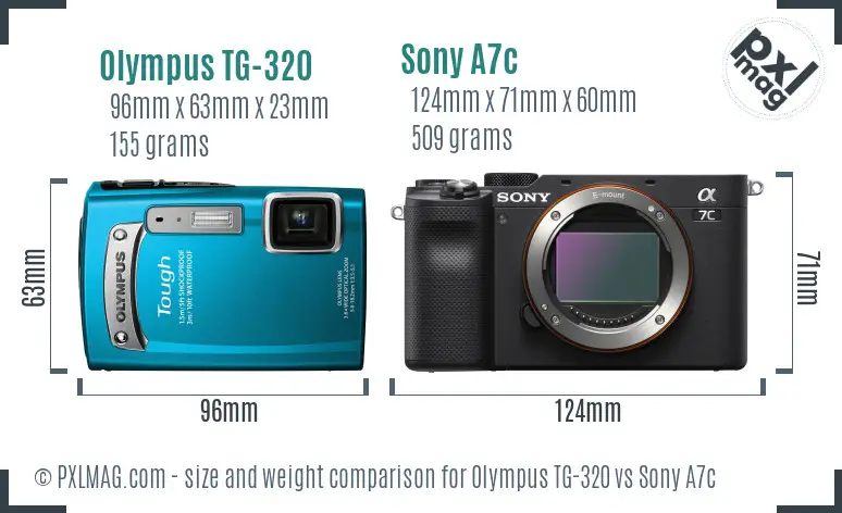 Olympus TG-320 vs Sony A7c size comparison