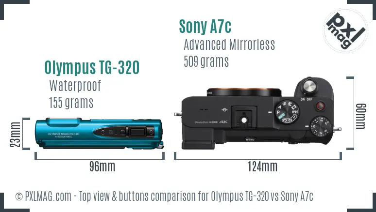 Olympus TG-320 vs Sony A7c top view buttons comparison