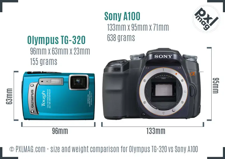 Olympus TG-320 vs Sony A100 size comparison