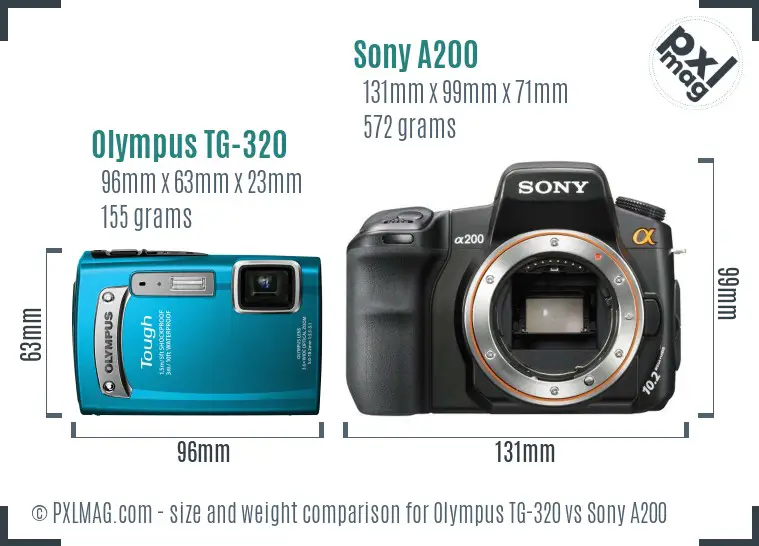 Olympus TG-320 vs Sony A200 size comparison