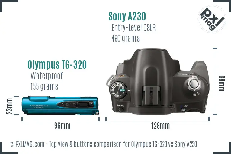 Olympus TG-320 vs Sony A230 top view buttons comparison
