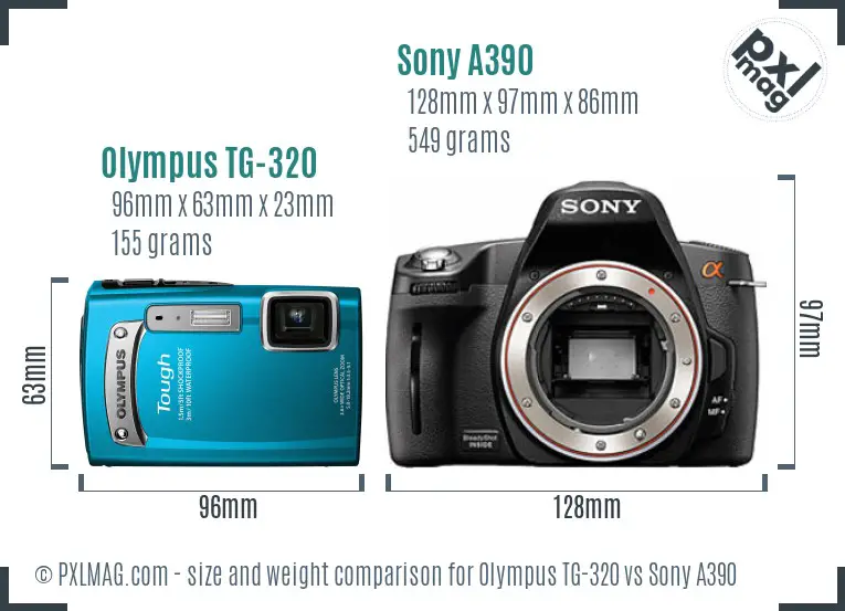 Olympus TG-320 vs Sony A390 size comparison
