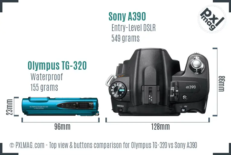 Olympus TG-320 vs Sony A390 top view buttons comparison