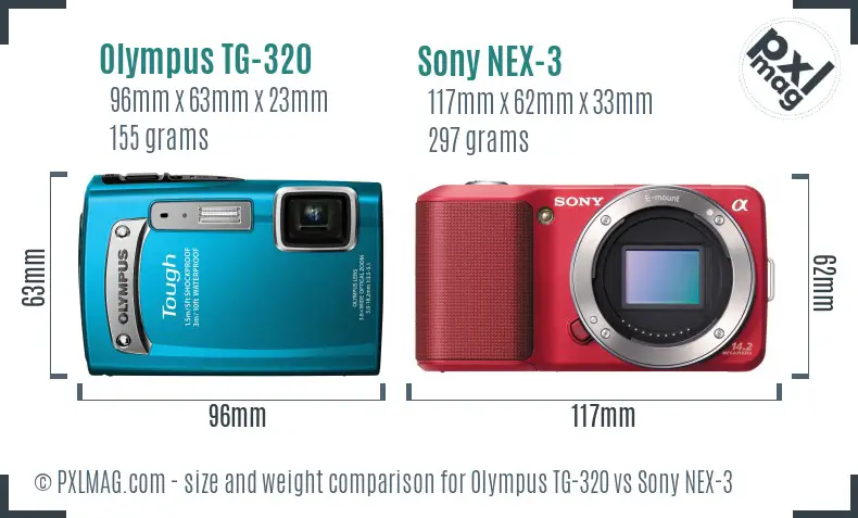 Olympus TG-320 vs Sony NEX-3 size comparison