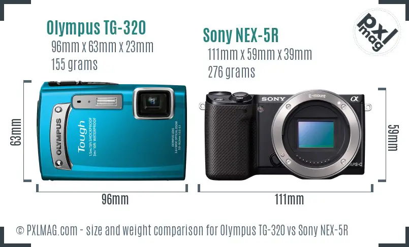 Olympus TG-320 vs Sony NEX-5R size comparison