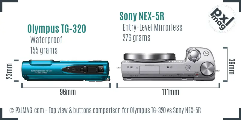 Olympus TG-320 vs Sony NEX-5R top view buttons comparison