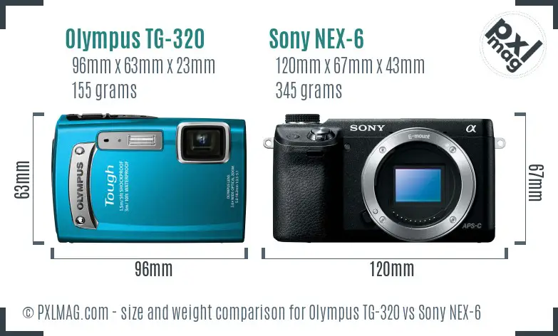Olympus TG-320 vs Sony NEX-6 size comparison