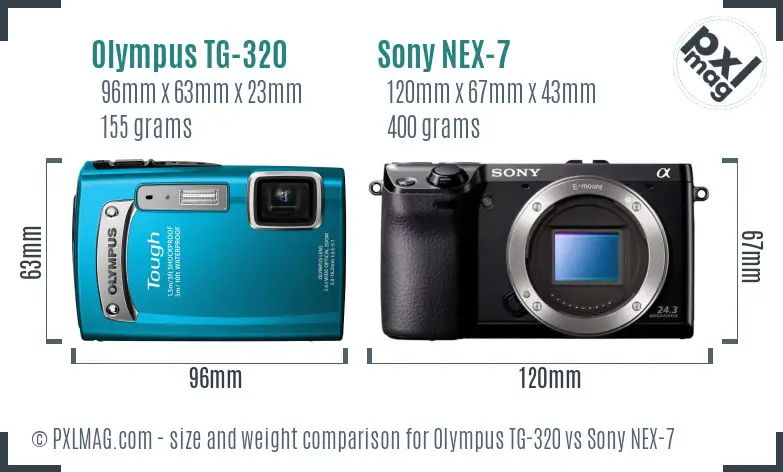 Olympus TG-320 vs Sony NEX-7 size comparison