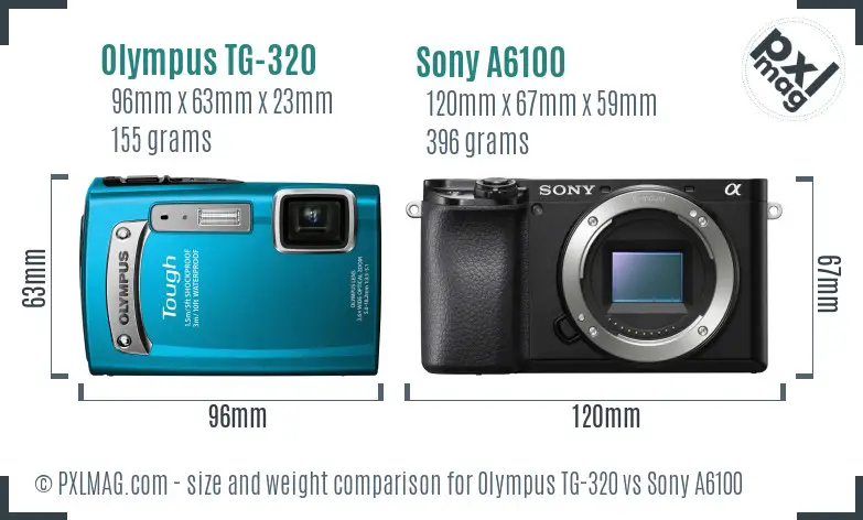 Olympus TG-320 vs Sony A6100 size comparison