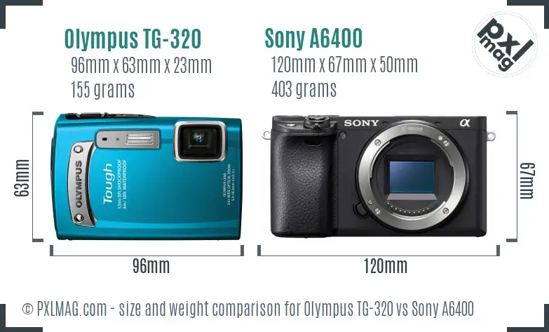 Olympus TG-320 vs Sony A6400 size comparison