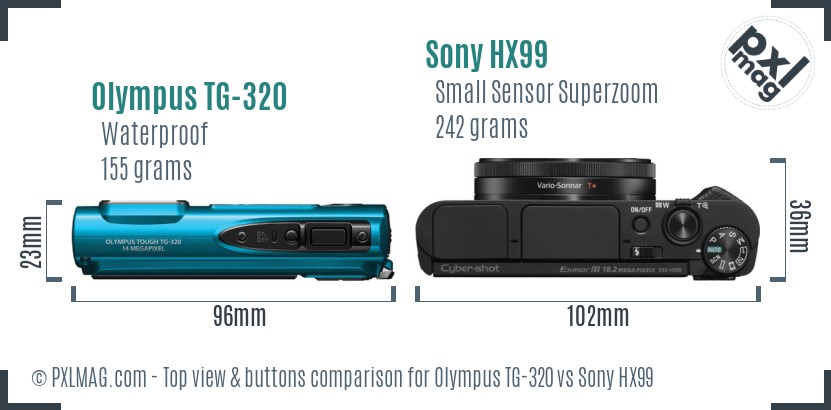 Olympus TG-320 vs Sony HX99 top view buttons comparison
