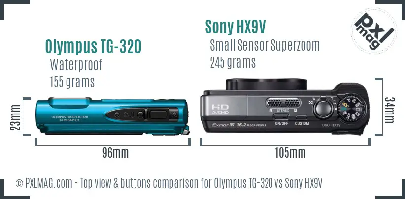 Olympus TG-320 vs Sony HX9V top view buttons comparison