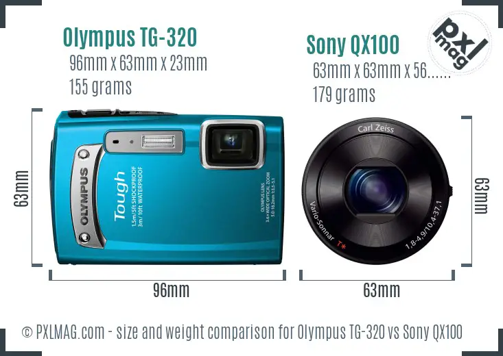 Olympus TG-320 vs Sony QX100 size comparison