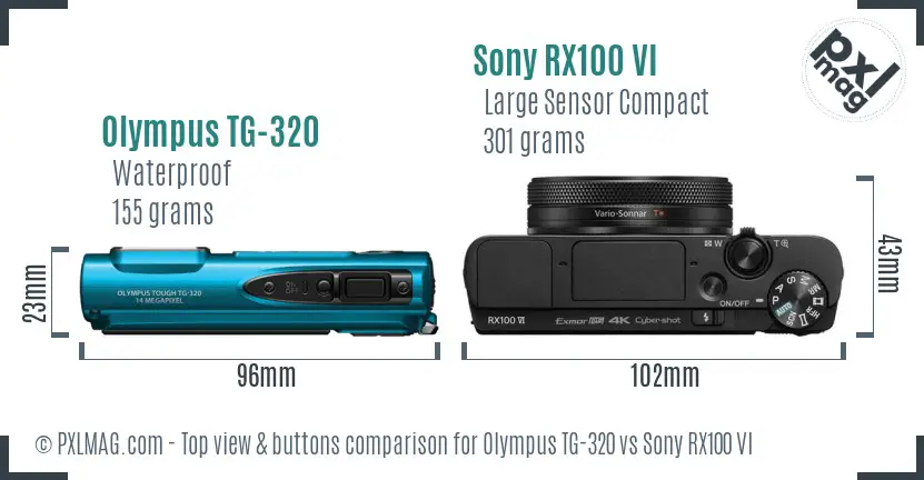 Olympus TG-320 vs Sony RX100 VI top view buttons comparison