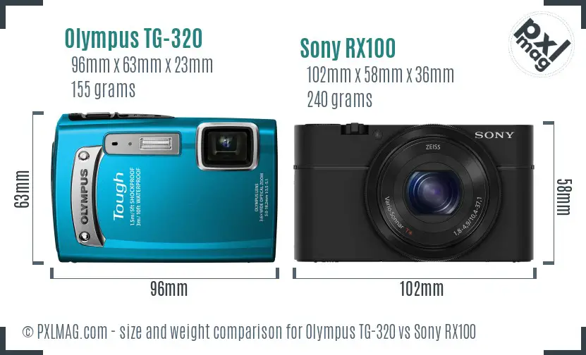 Olympus TG-320 vs Sony RX100 size comparison