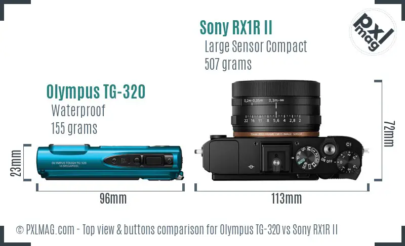 Olympus TG-320 vs Sony RX1R II top view buttons comparison