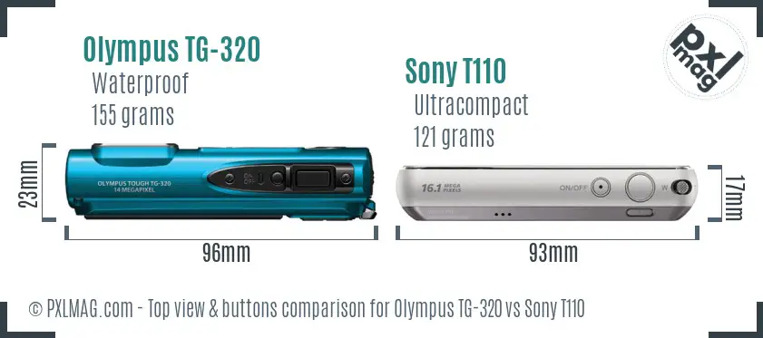 Olympus TG-320 vs Sony T110 top view buttons comparison