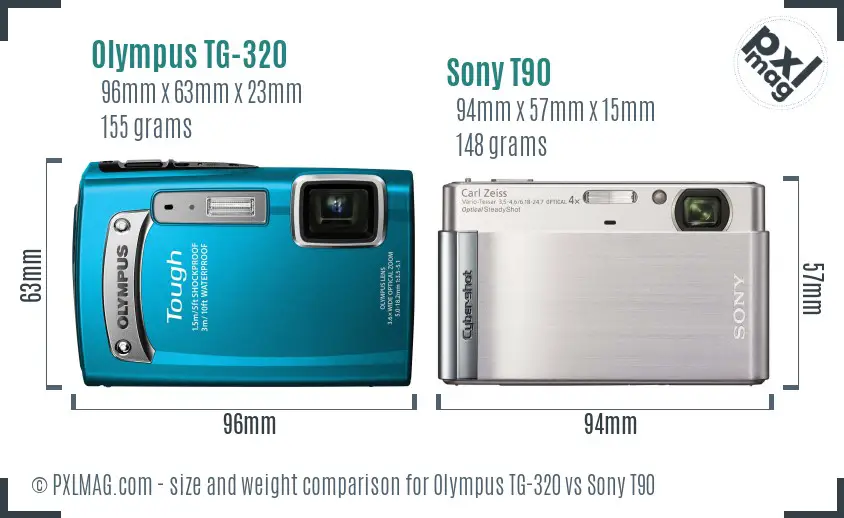 Olympus TG-320 vs Sony T90 size comparison