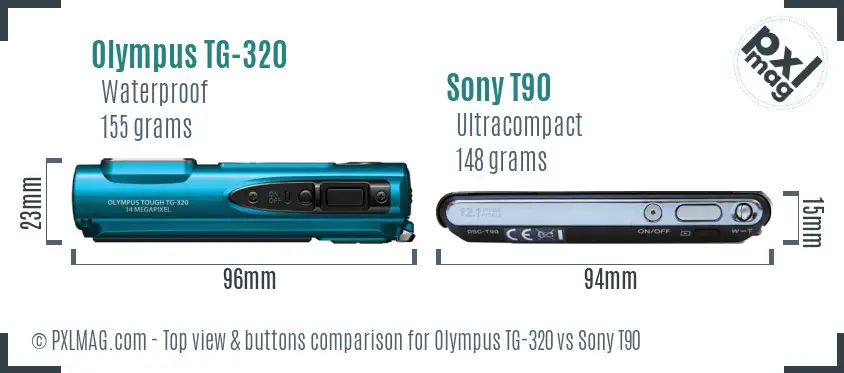 Olympus TG-320 vs Sony T90 top view buttons comparison