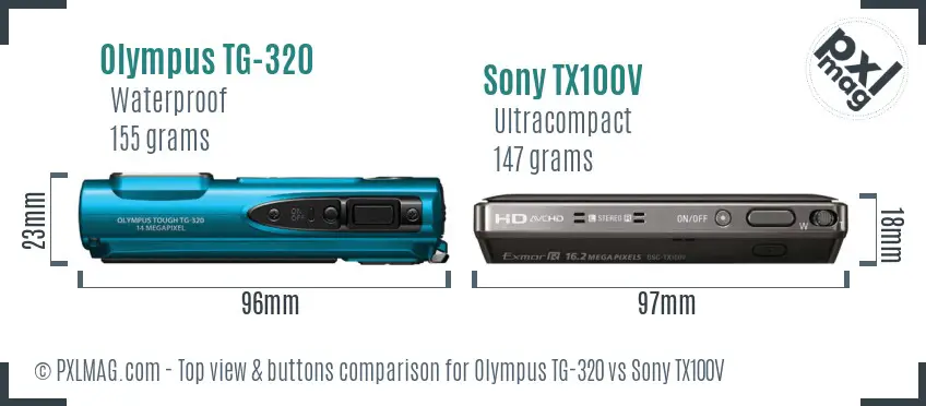 Olympus TG-320 vs Sony TX100V top view buttons comparison