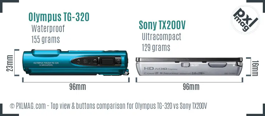 Olympus TG-320 vs Sony TX200V top view buttons comparison Olympus TG-320 vs Sony TX200V top view buttons comparison