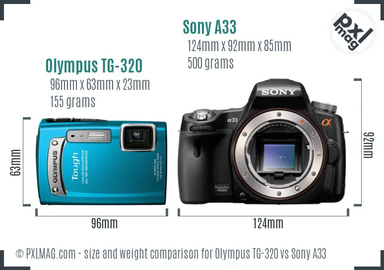 Olympus TG-320 vs Sony A33 size comparison