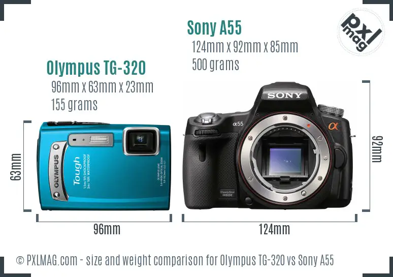 Olympus TG-320 vs Sony A55 size comparison