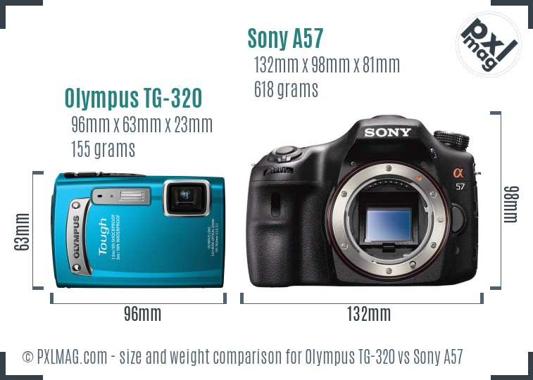 Olympus TG-320 vs Sony A57 size comparison