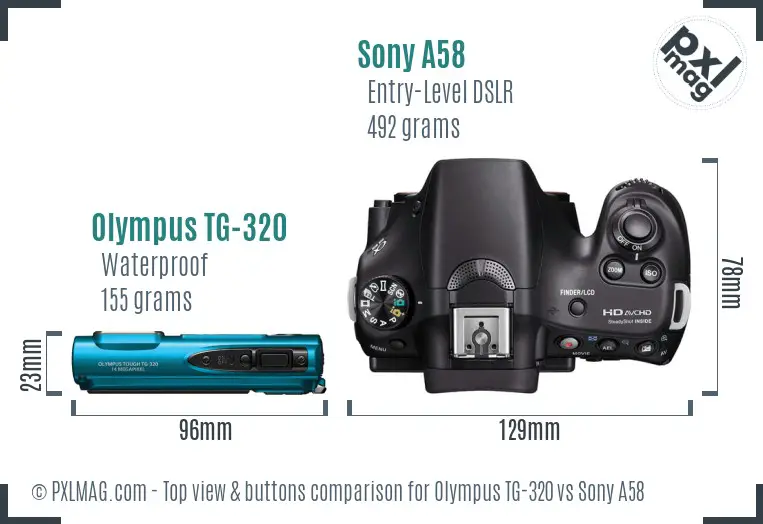 Olympus TG-320 vs Sony A58 top view buttons comparison